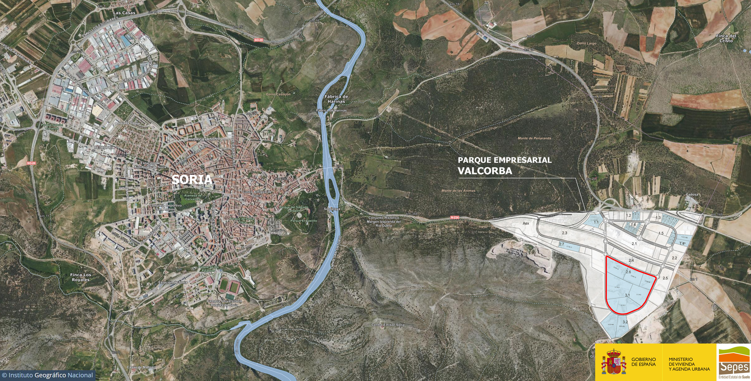 foto satélite donde se ve la ubicación de la actuación al este de Soria