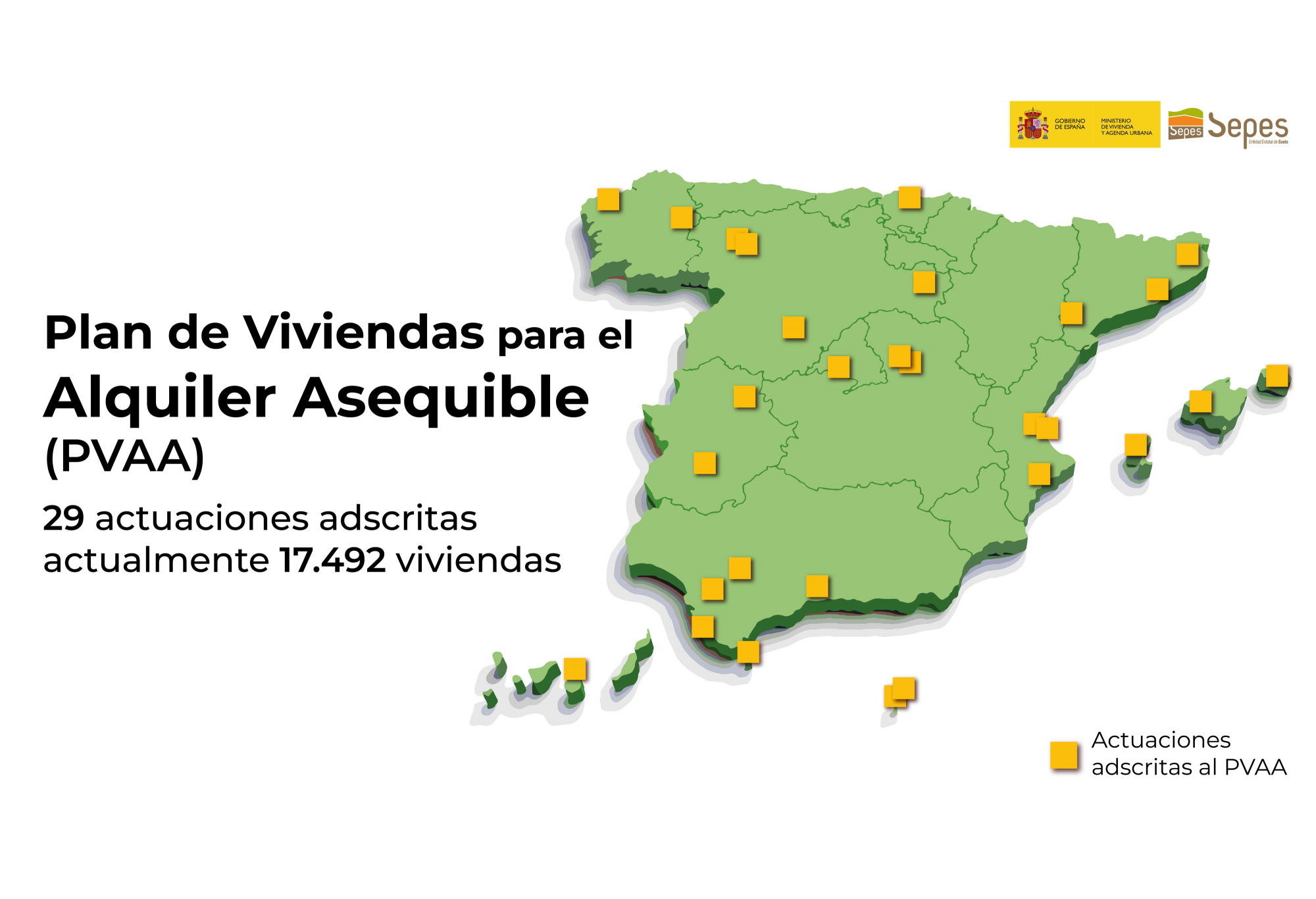 Infografía mostrando las ubicaciones de las actuaciones del PVAA sobre un perfil de España.