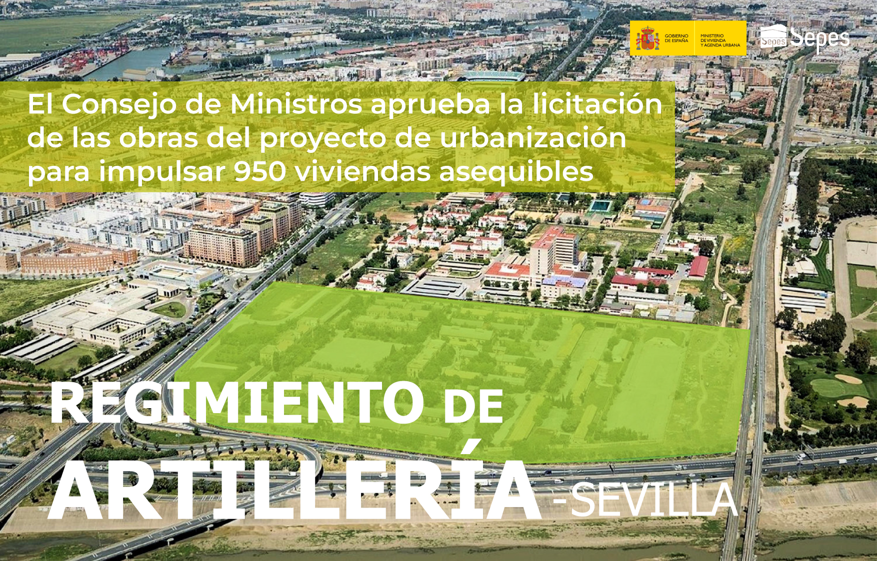 Foto aérea de Sevilla donde se ve el ámbito marcado y el titular de la noticia.